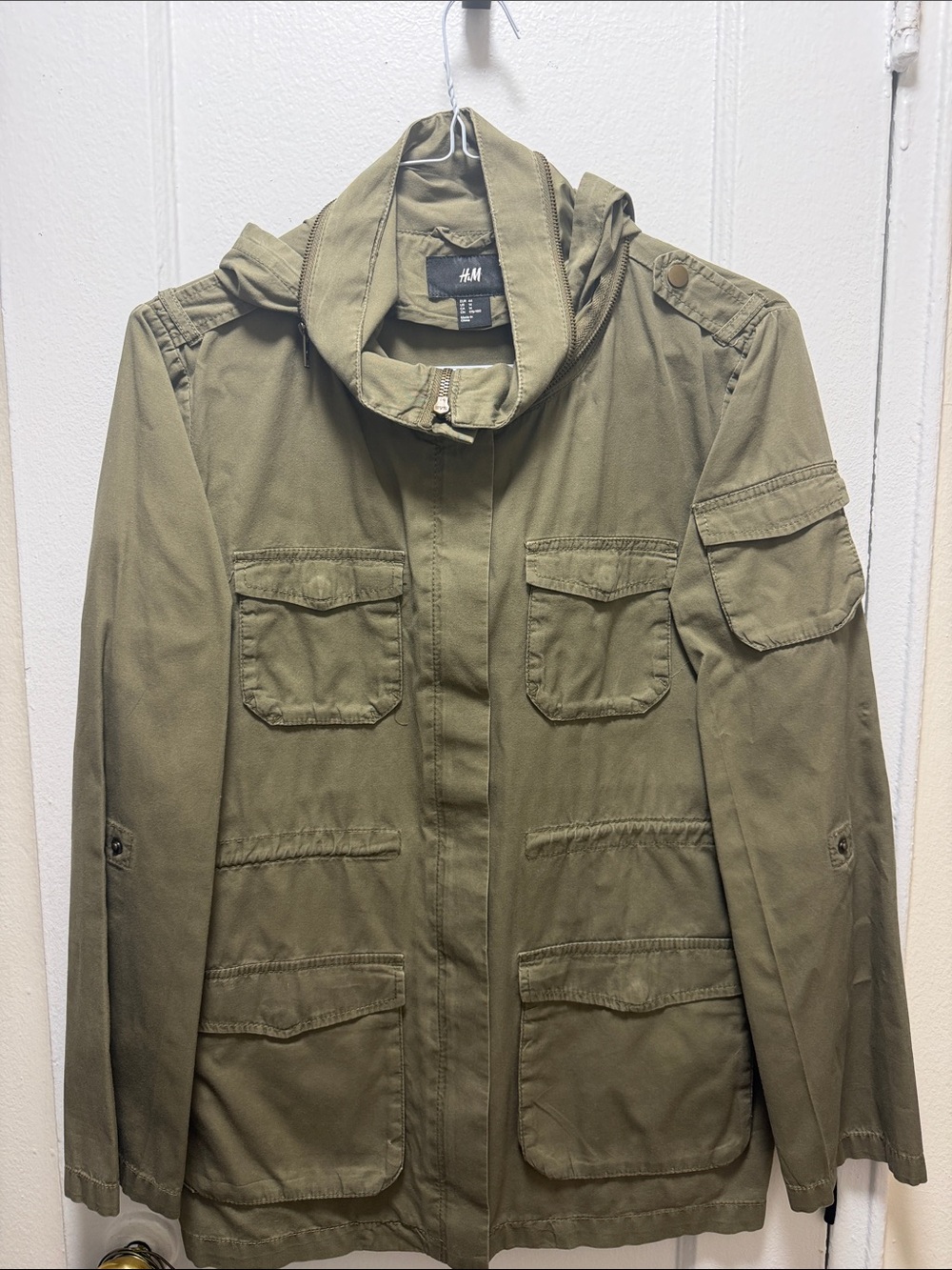 H&M Women's Olive Green Military Field Jacket with Hood